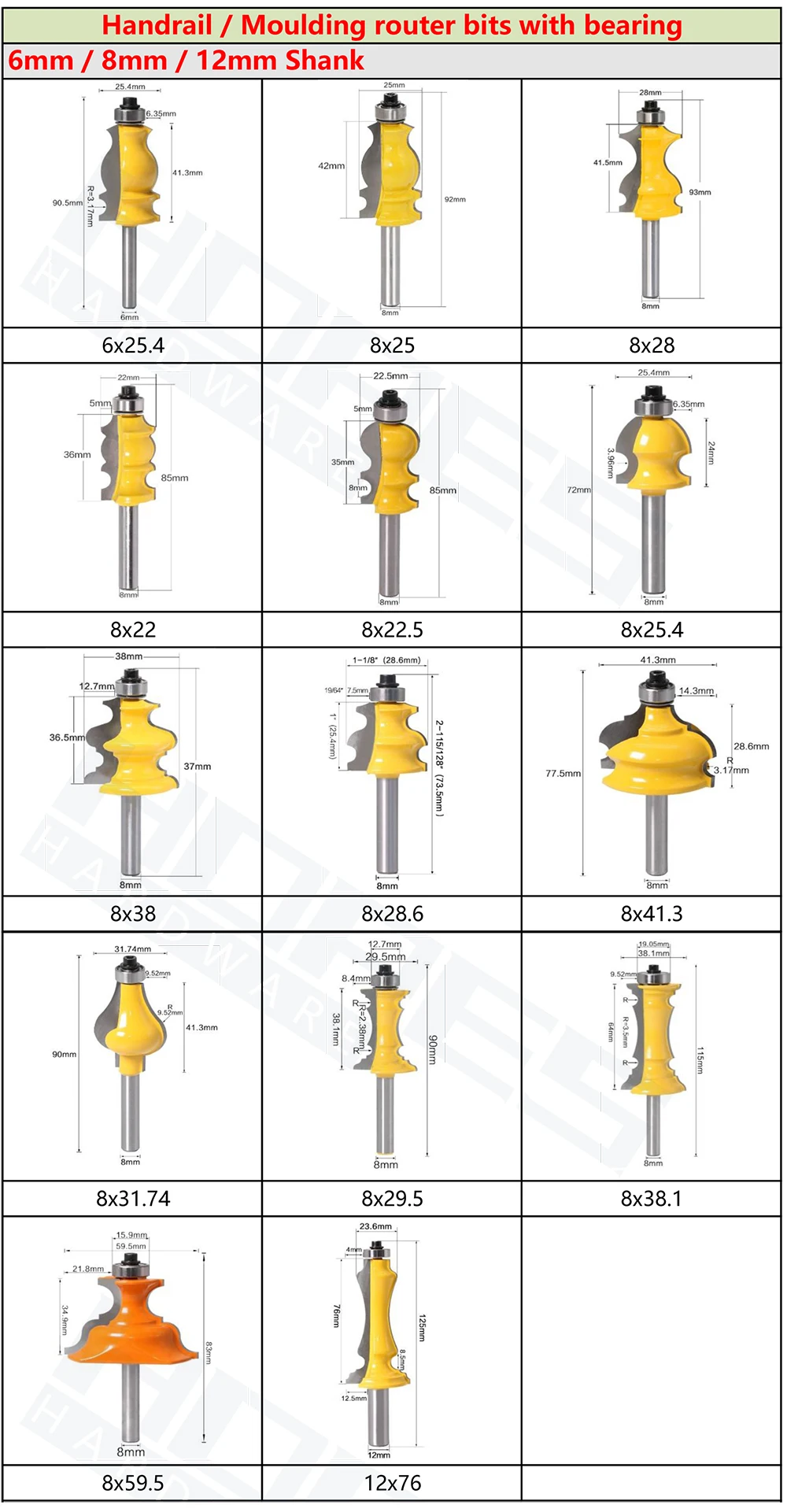 8mm Shank Carpentry CNC Machine Milling Cutter Tools Line Carving Router Bits with Bearing and YG6 Carbide Blade