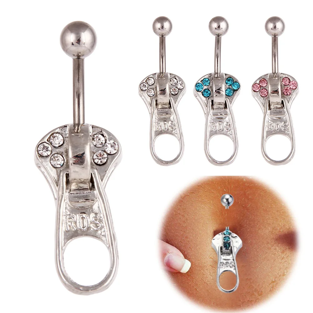 Fengshang New Design Jewelry Personalized Crystal Colorful Zircon Zipper Shape Stainless Steel Navel Piercing Jewelry