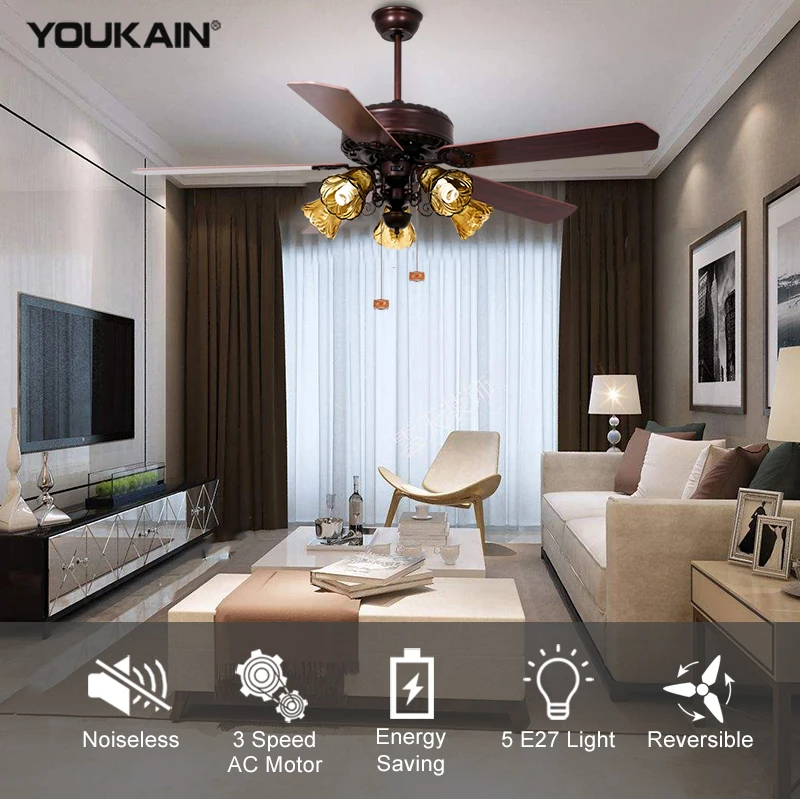 Luxury decorative Chinese style home appliances 60' inch 5pcs plywood blades ceiling fan with light and remote control
