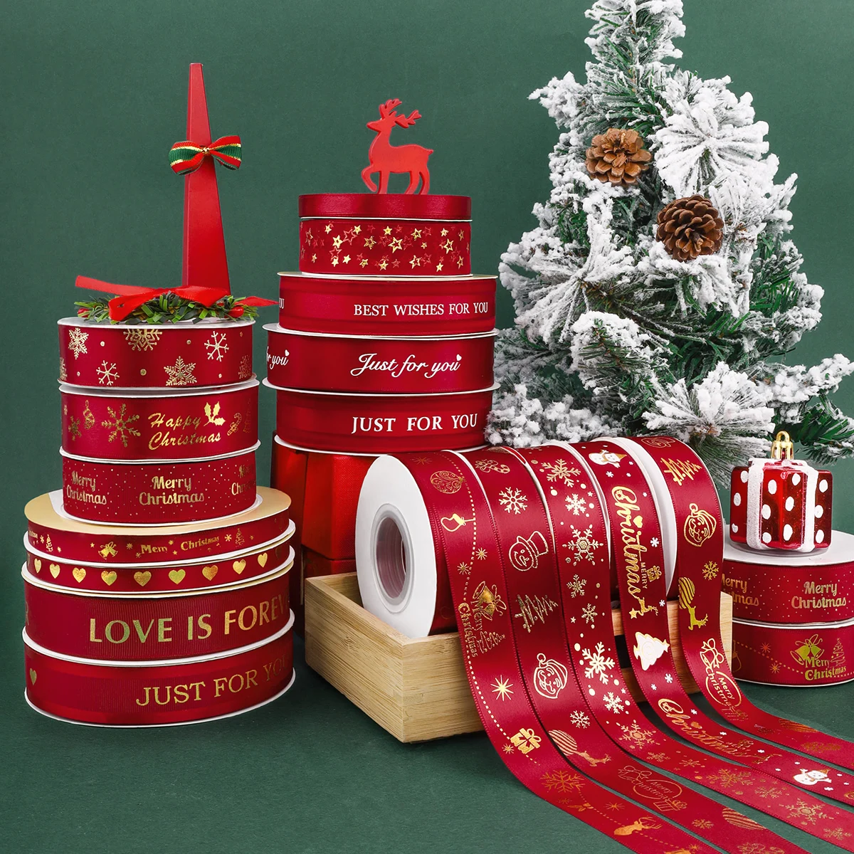 Зеленая Красная рождественская елка Лось колокольчик пятна Гро-Гро Новогодняя лента