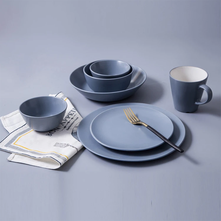 Home goods restaurant wedding tableware plate bowl customized matte blue pottery porcelain dinner set