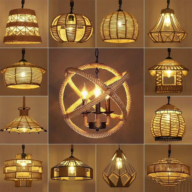 Home Decor Vintage Hemp Rope Chandeliers Pendant Lights E27 Loft Industrial Hotel Round Ball Hanging Light Fixture