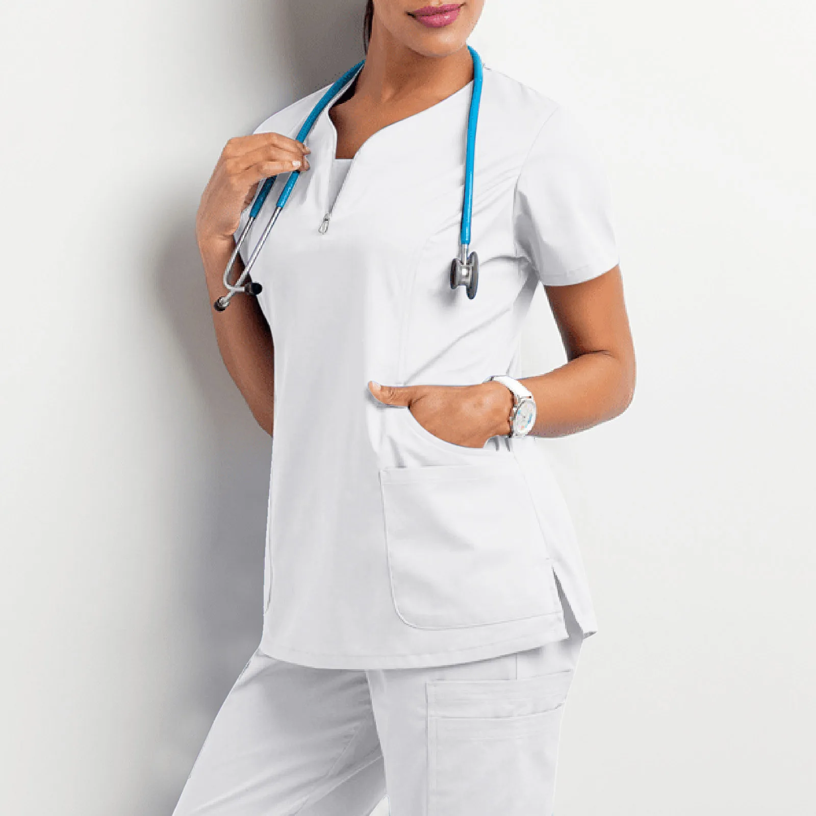 Wholesale Medical Unisex Care Workers V Neck Blouse with Pocket Short Sleeve Scrub Top V Neck Stretch Doctor Nurse Uniform