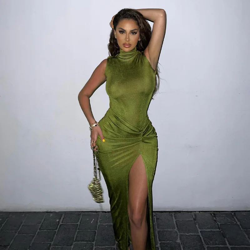 ANSZKTN Summer Fashion solid green turtleneck sleeveless Long Split Dress Women Slit Midi dresses
