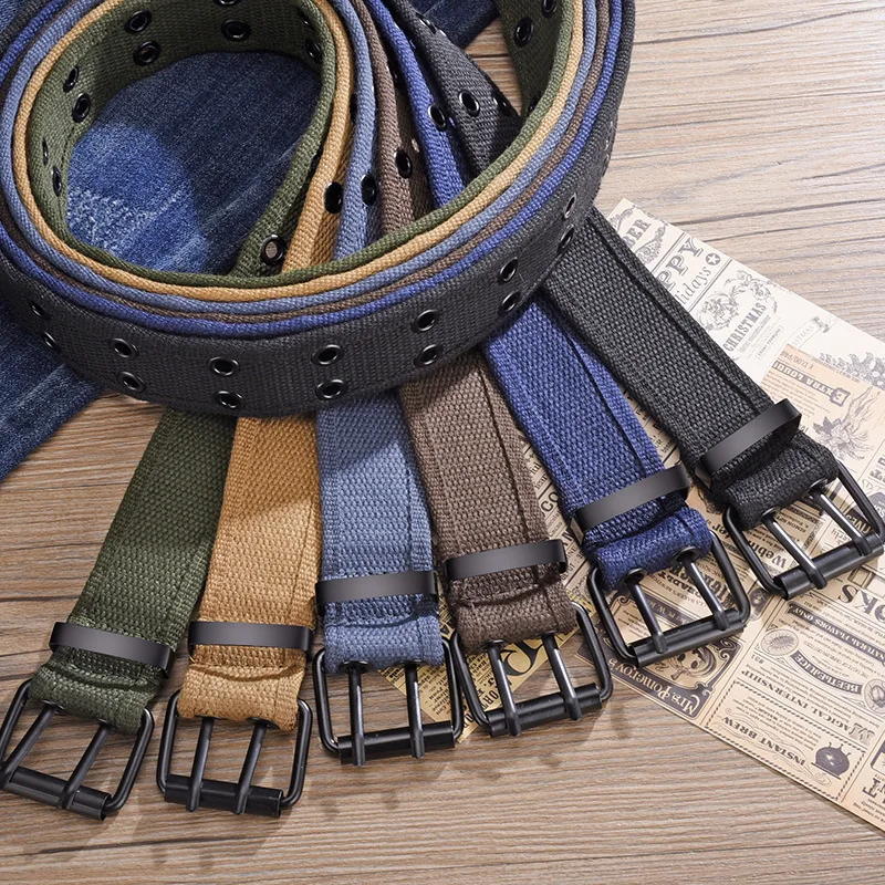 Double Iron Pins Men Webbing Belt Personalized Fabric Belt for Jeans