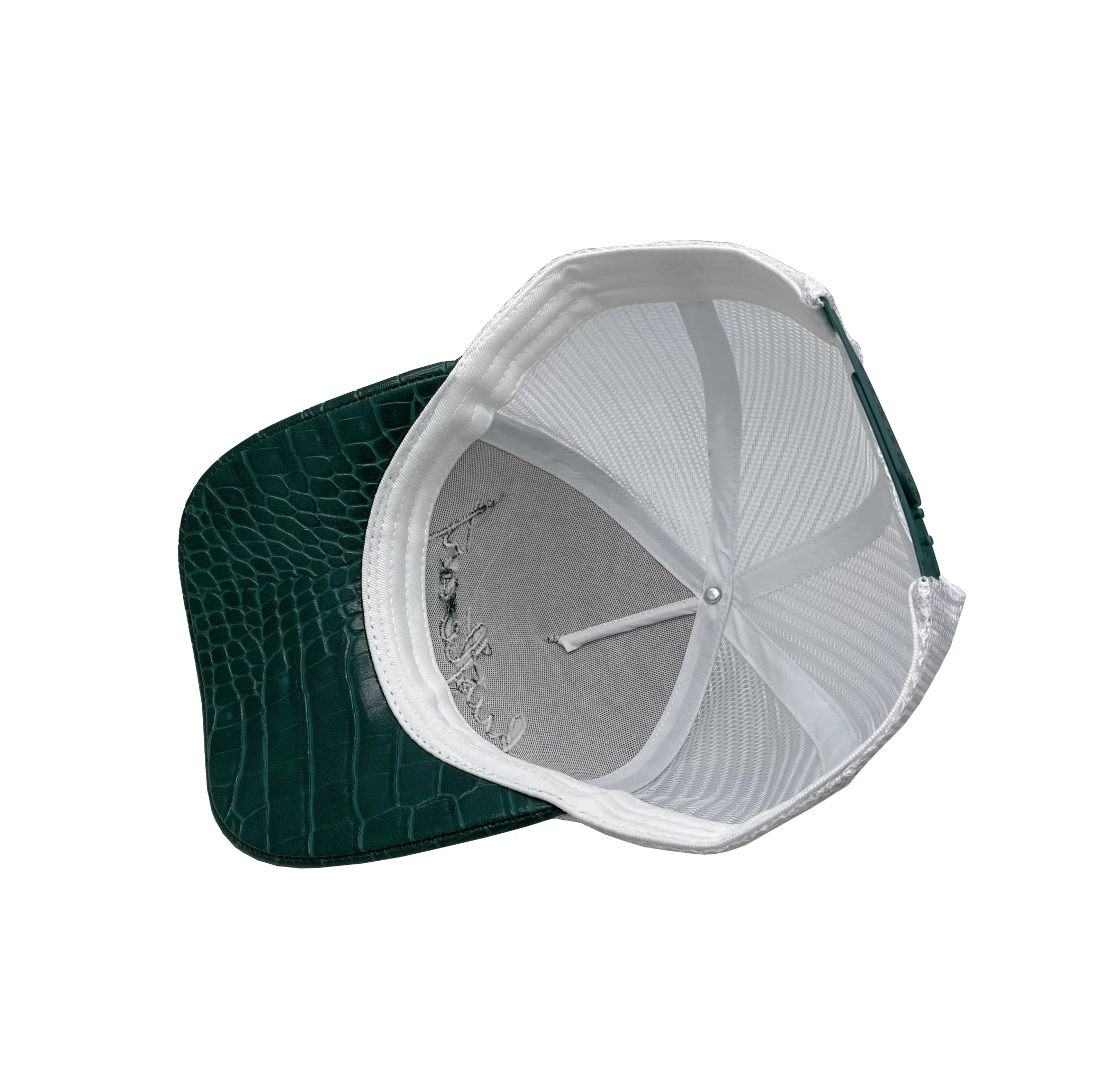 fashion custom high crown mesh back stain 5 panel trucker hat with PU leather brim