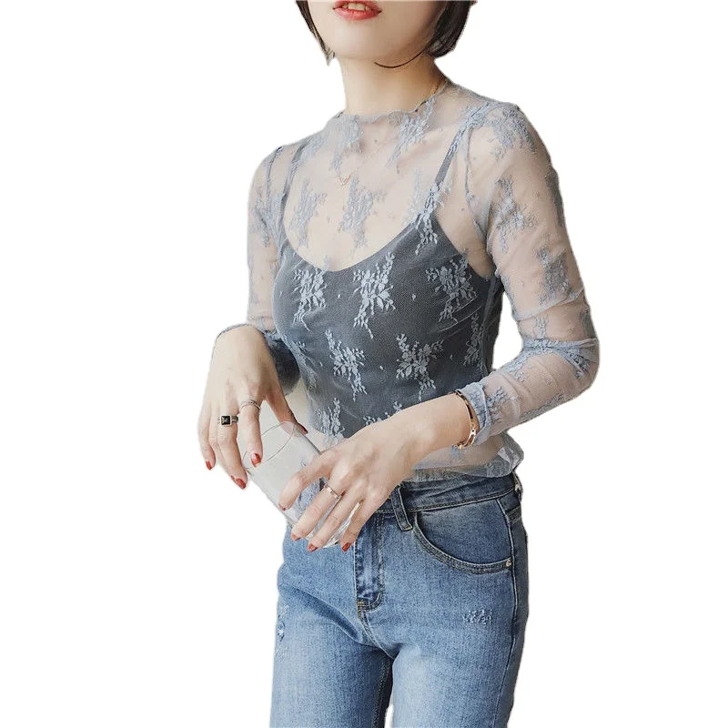 Блузка женская прозрачная с длинным рукавом, базовый топ с ложным воротником, однотонная кружевная с цветочной вышивкой, лето-весна