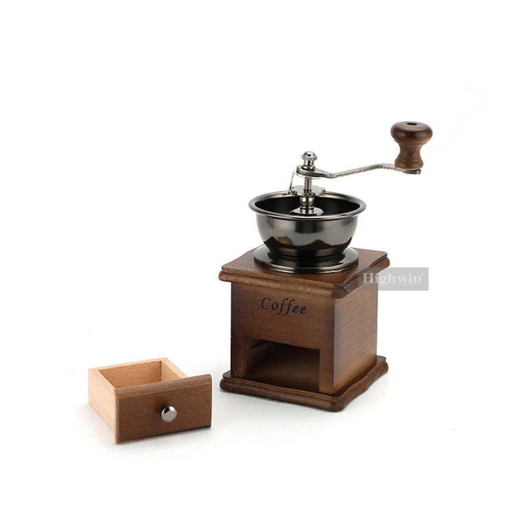 HIGHWIN Manual Coffee Grinder Vintage Wooden Coffee Bean Grinder with Ceramic Core