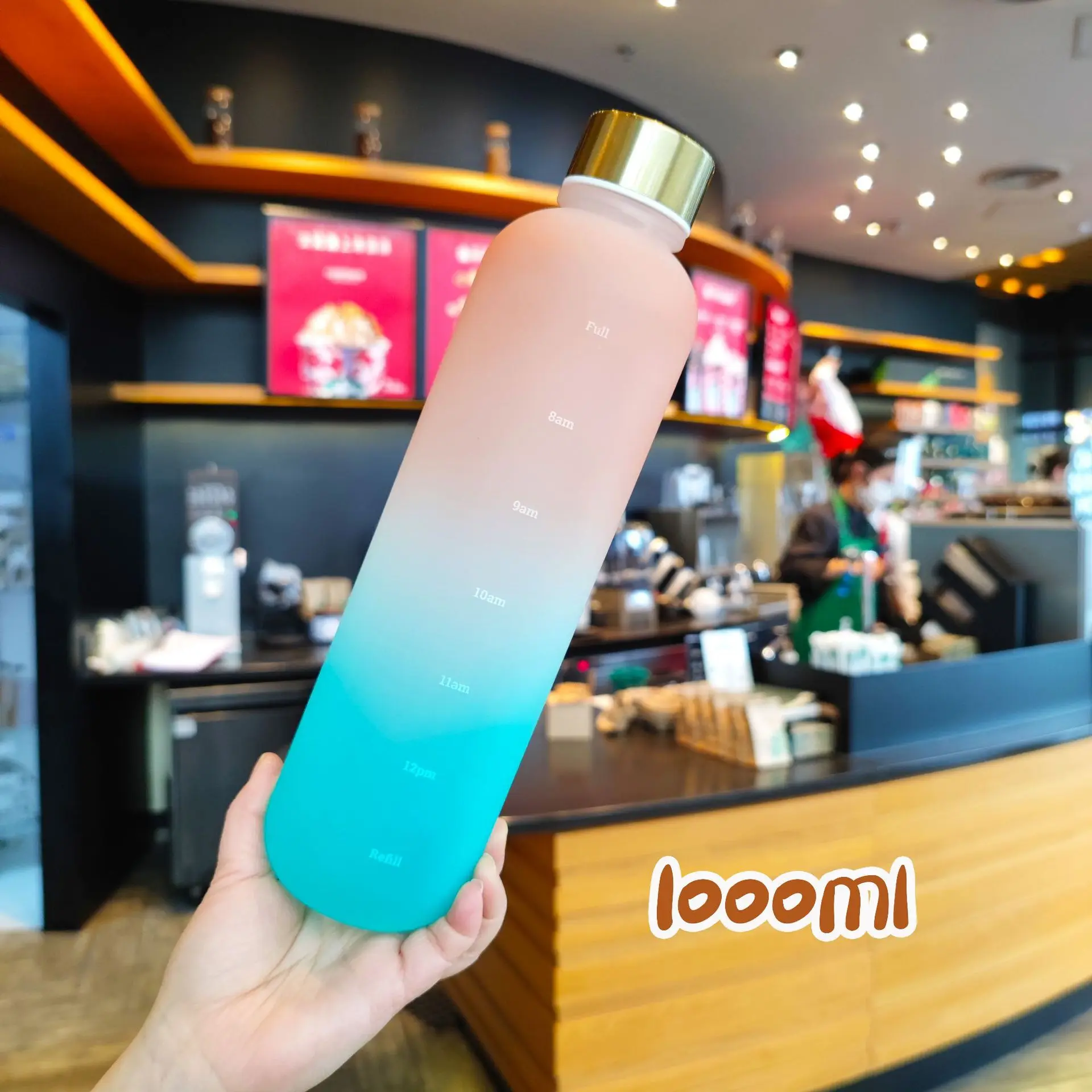 Color gradient outdoor bicycle water bottle 1000ml straight drinking plastic cup large mouth gradient rainbow metal lid plastic