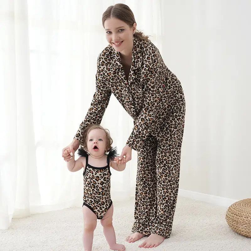 Leopard Baby Clothes Wholesale & Mom Sleepwear Custom Knitted Pajama Sets Family Cotton Pajamas Sets