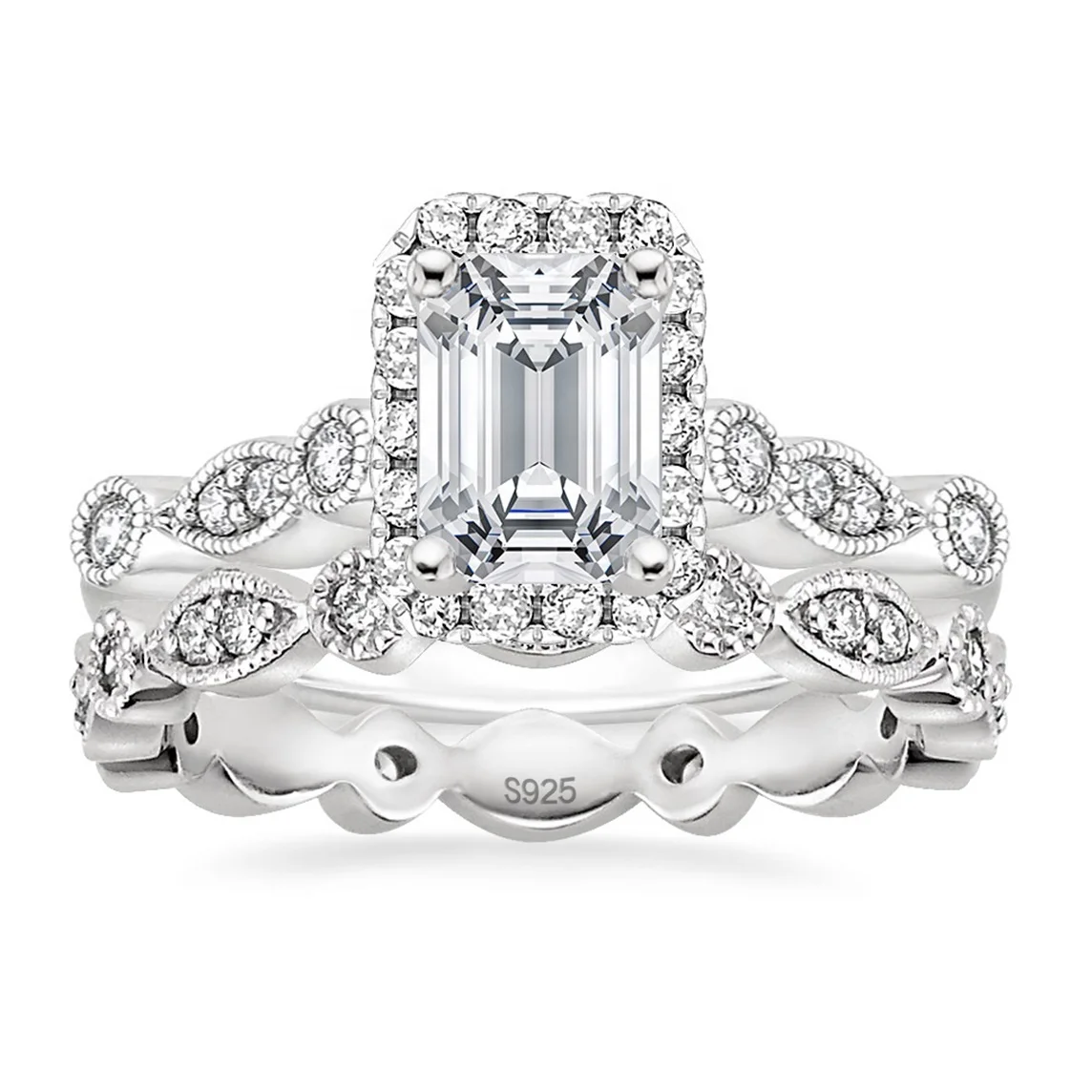 Fashion Rings Jewelry Women 2CT Emerald Cut Cubic Zirconia Engagement Rings 925 Sterling Silver Bridal Ring Sets