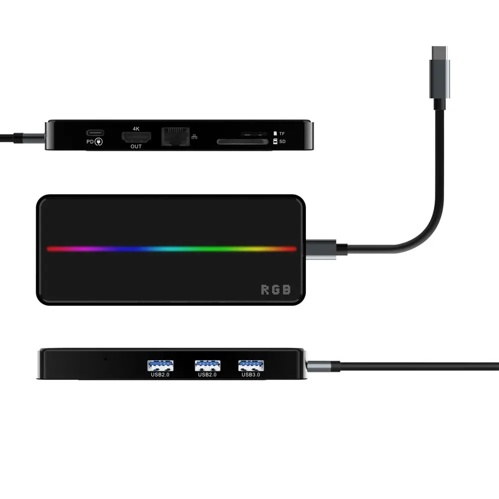8 ports USB3.1 HDMI PD RJ45 SD TF Docking Station with RGB Type C USB C Dock
