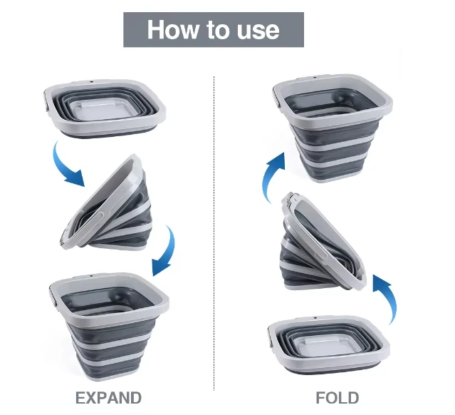 Portable Save Space 10L Silicone Plastic Square Folding Bucket Home Cleaning 20 Litre Cleaning Collapsible Bucket