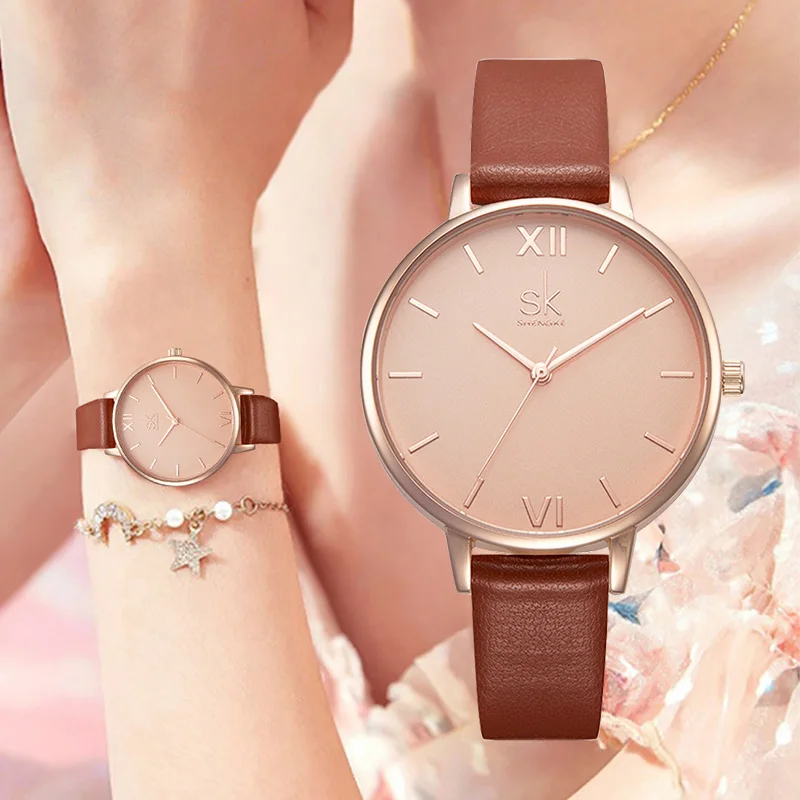 Shengke Fashion Watch Women Brown Leather band Marble Dial Waterproof Quartz Ladies Watches Reloj Mujer