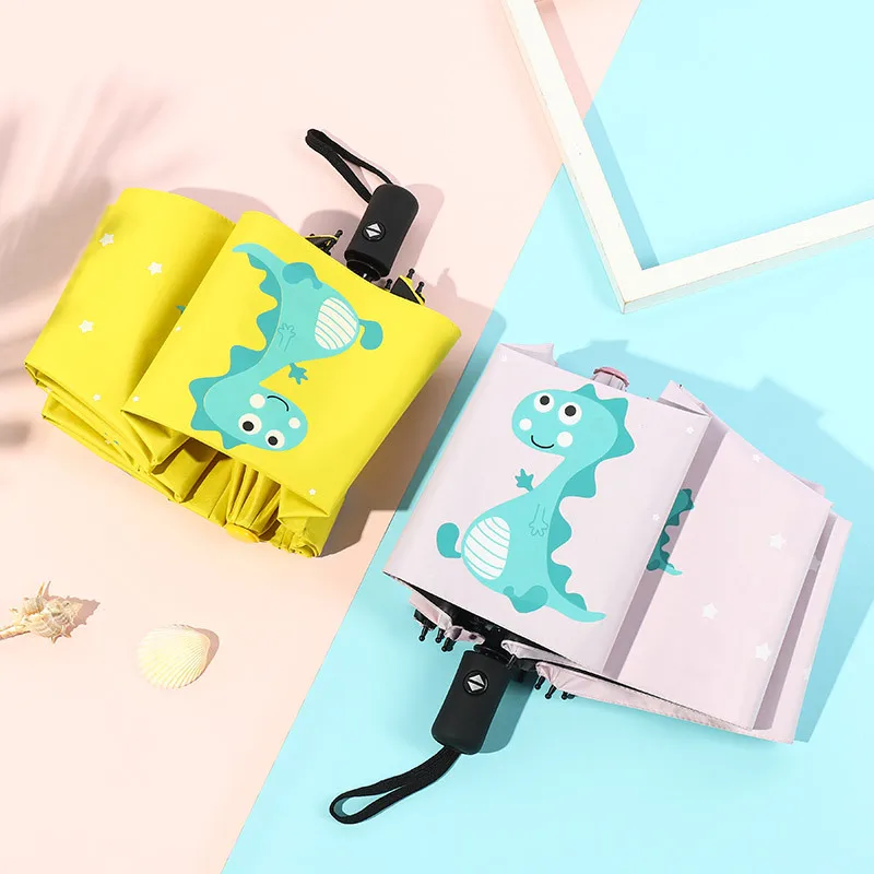 School girls cartoon cute dinosaur manual rain uv protection 3 fold umbrella