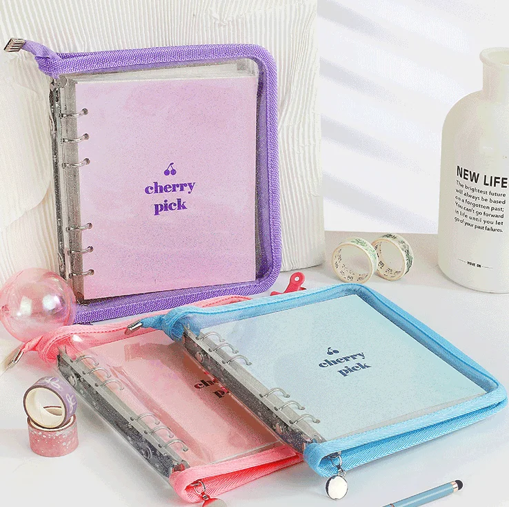 Kawaii Korean Cherry Album blank Journal Notebook Loose-leaf Zipper Binder PVC Agenda students DIY Photo-card Binder Organizer