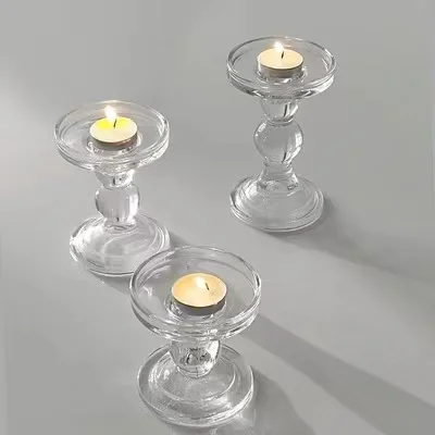Glass Candle Holders for 3 inches Pillar Candle or 7/8 inch Taper Candle Clear Candlestick Holder for Wedding or Home Decoration
