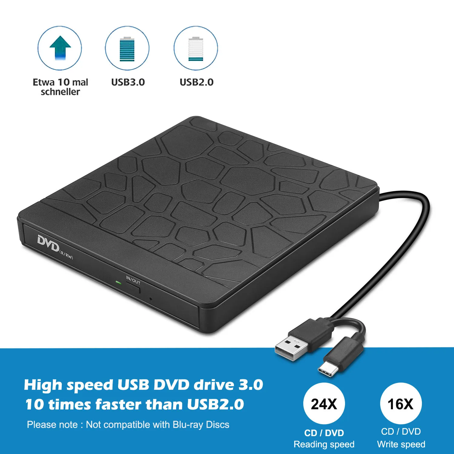 USB3.0 computer external optical drive multi functional Dvd burner to read U disk, SD TF card Type C hub RW Slim Drive