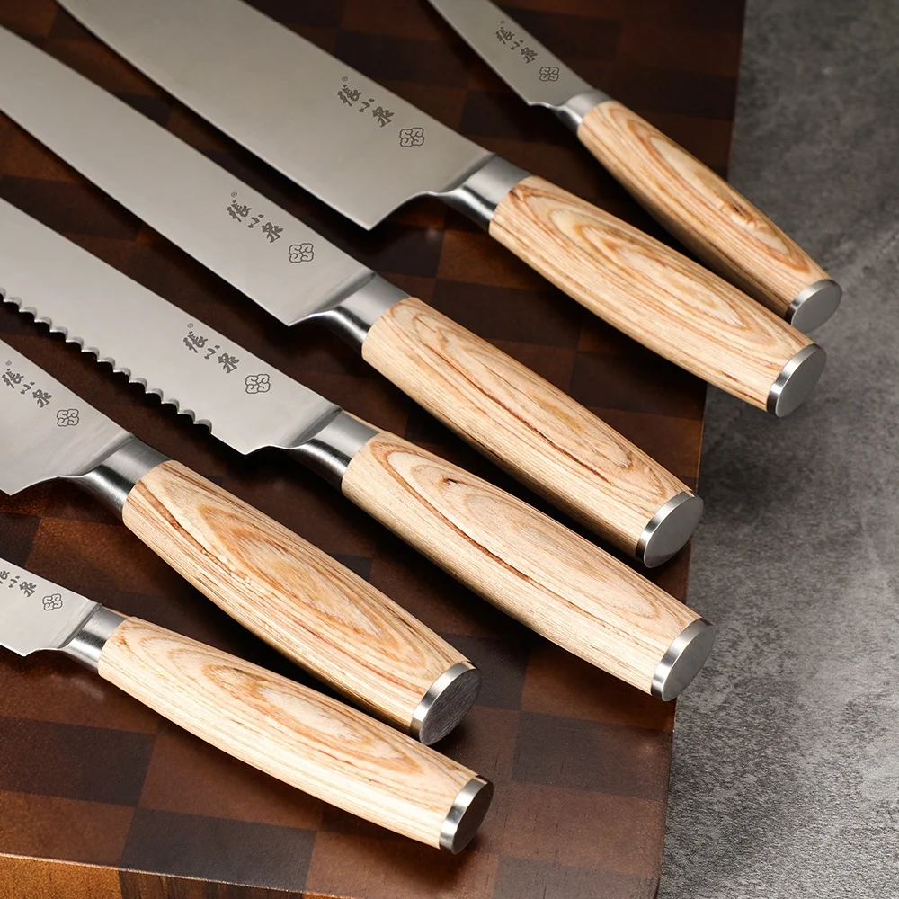 Hot Sale Custom Logo 5 Pcs Acacia Wood Handle Kitchen Knife Sets Stainless Steel Knife Set