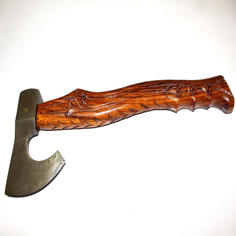 DAMASCUS STEEL TWISTED PATTERN HUNTING AXE WITH ROSE WOO HANDLE