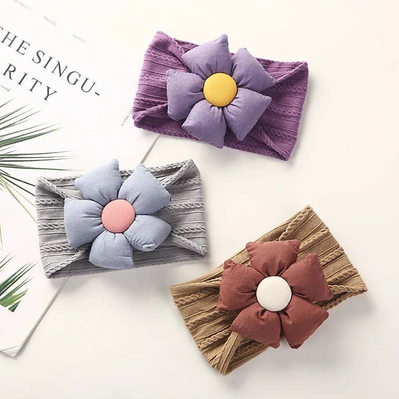 Small Order Baby Wide Twist Braided Cable Jacquard Headband With Big Stuffed Flower Girl Pom Pom Bow Newborn Headband