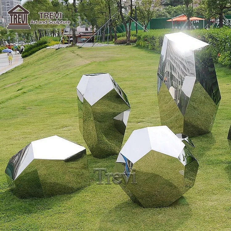 Lawn Ornament Metal Mirror Statue Stainless Steel Geometric Stone Sculpture