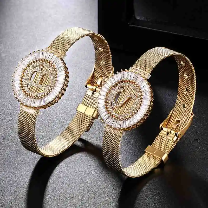 
Fashion steel watch style letter Initial cz handmade charm bracelet women 