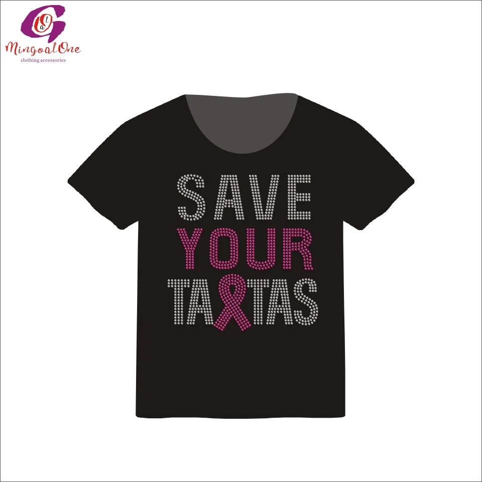 In Stock Sparkle Pink Ribbon Hot Fix Rhinestone Transfer Design SAVE YOUR TATAS Cancer Ribbon Rhinestone Heat Transfer