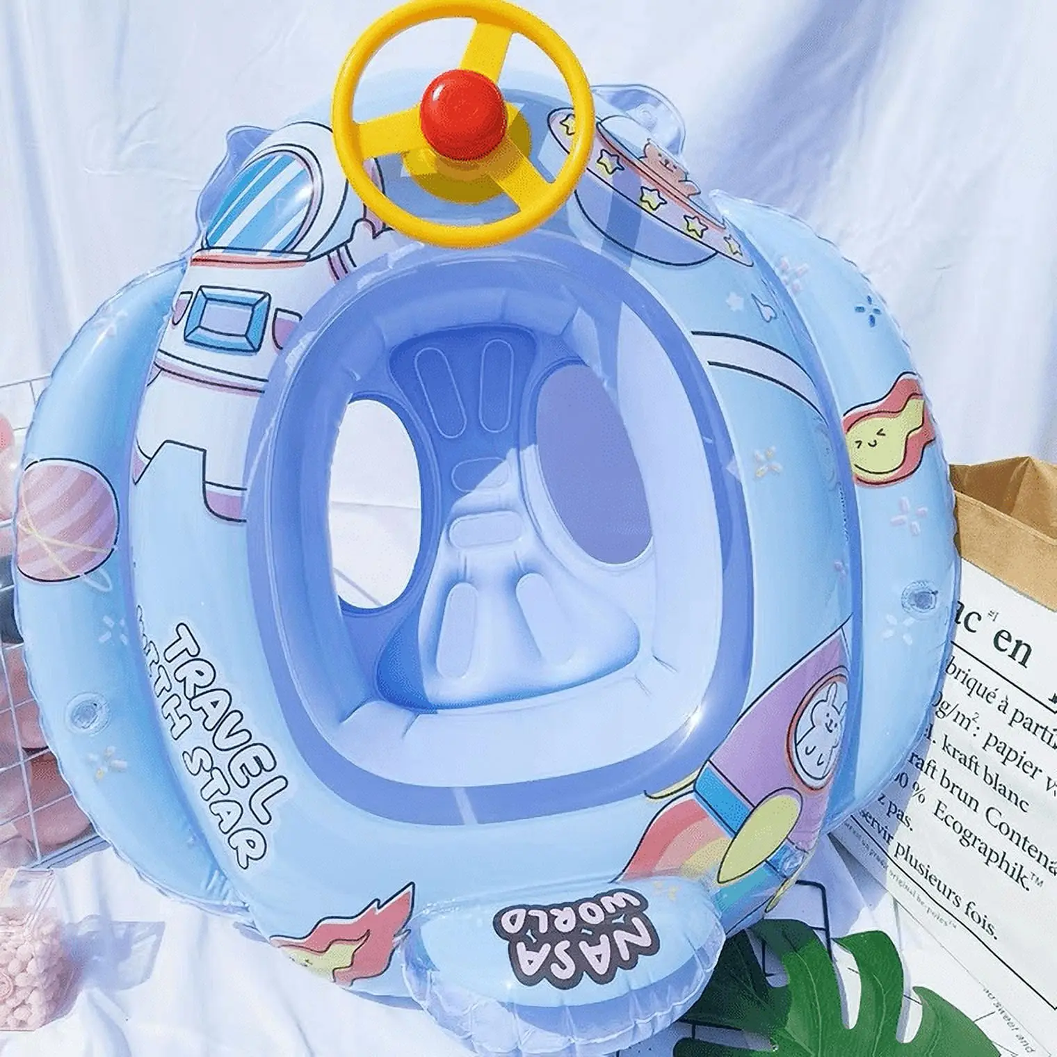 Wheel Baby Custom swimming ring cartoon cute inflatable swimming car boat with horn steering