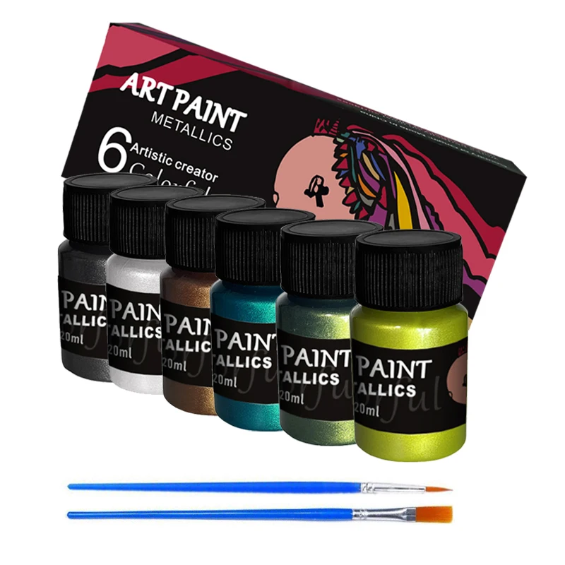 Metallic Acrylic Paint 6 Colors Set 20 ml Perfect for Rock Crafts Canvas Wood Textile Water Resistant Quick-Dry Fade-Proof