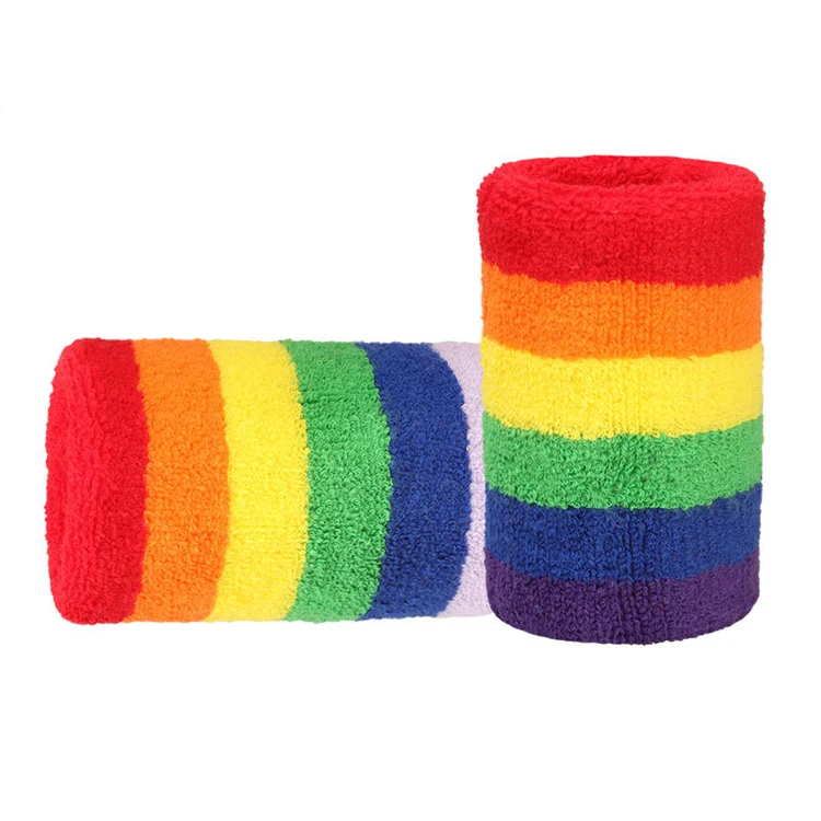 Custom logo Rainbow  Sports Gym Terry Towel Cotton Elastic Sweatband Headband Wristband for Football Basketball Tennis  Player