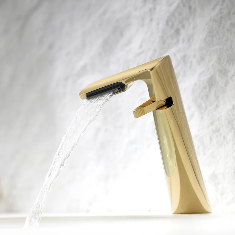 New design Hot Cold Faucet brushed gold bathroom mixer taps waterfall for hotel brass basin faucet