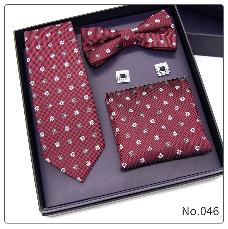 Custom classic formal 100% polyester cufflinks neck tie handkerchief and bow tie gift box set for men