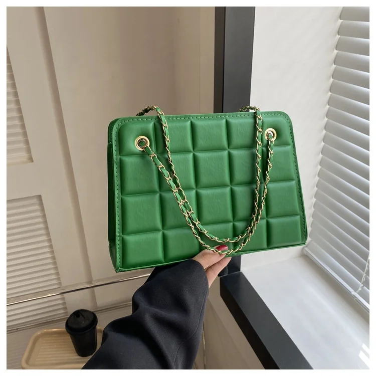 Hot Sale Casual PU Leather Square Indentation Handbag Metal Chain Underarm Bag Fashion Shoulder Bags for Girls