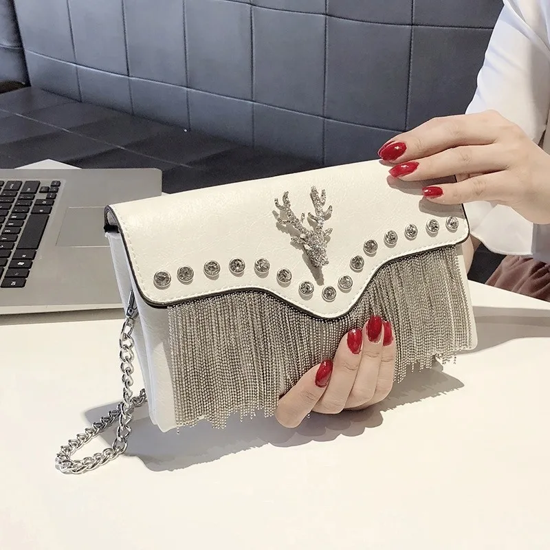 2020 lady rivet metal tassel cute diamond Rhinestones dear clutch womens pu square bag