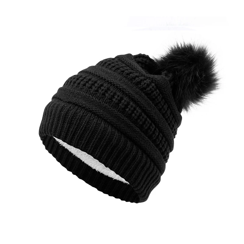 Kids Winter Embroidery Children Hat Custom Logo Baby Pom Pom Beanie Hats Beanies Fleece Lined Faux Fur Pom Warm Knit Skull Cap