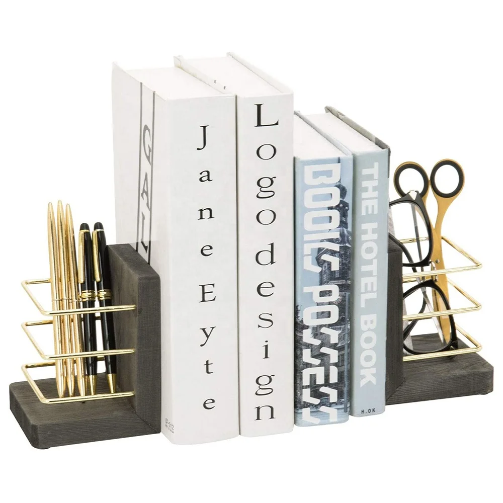 2 Piece Set Vintage Gray Wood and Brass Tone Metal Wire Decorative Bookends with Pen Holder Stationary Storage Organizer Slots