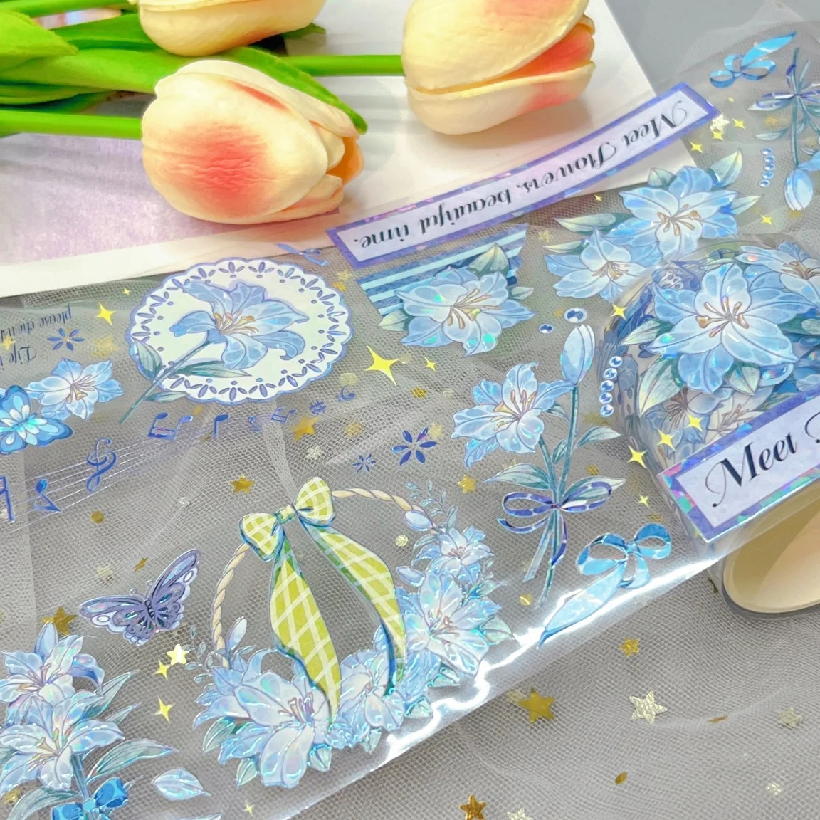 Donghong customized designs beautiful holographic foil flower PETwashi tape set for planner