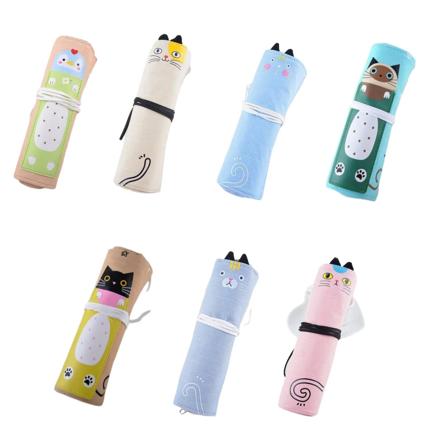 BEYOND wholesale large capacity cute cat canvas roll pencil bag sketch color pencil case for kids school girls