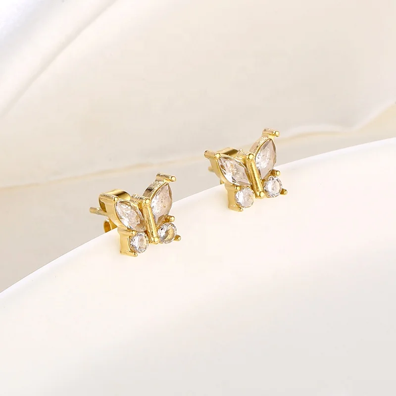 18K Gold Plated Stainless Steel Necklace And Earring Jewelry Diamond Crystal Zircon Butterfly Stud Earrings for Women