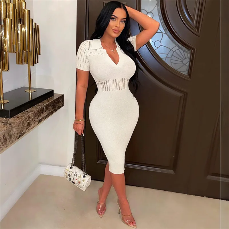 women short sleeve knit ribbed polo-collar midi bodycon sweater dress 2023 summer pencil sexy club party evening dresses