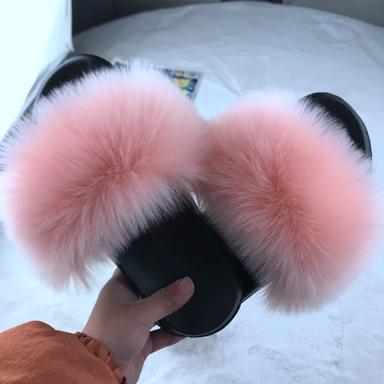 New wholesale plush female slippers raccoon fur fox fur women slippers sandals for women