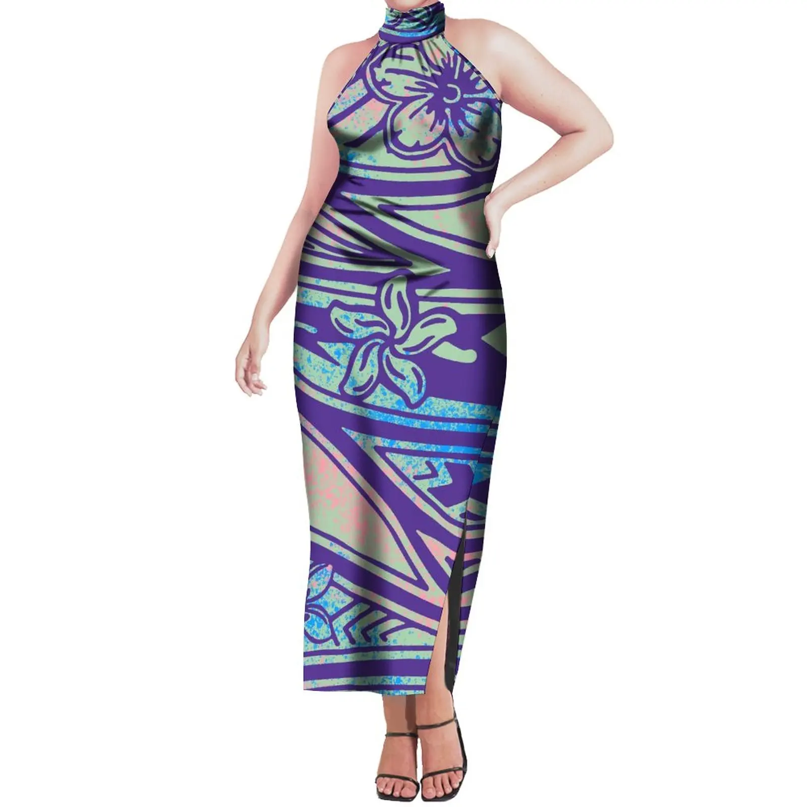 Fashion New Style Hawaiian Flower Print Off Shoulder Island Dress Split Pleated Long Dress Halter Evening Dresses For Women 2023