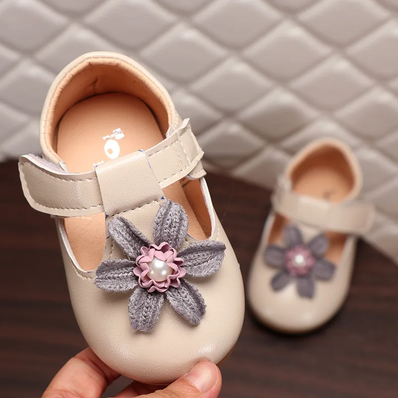 2-6 Years Lovely Princess PU Leather Flower Baby Girls Party Shoes Beige Pink Little Girl