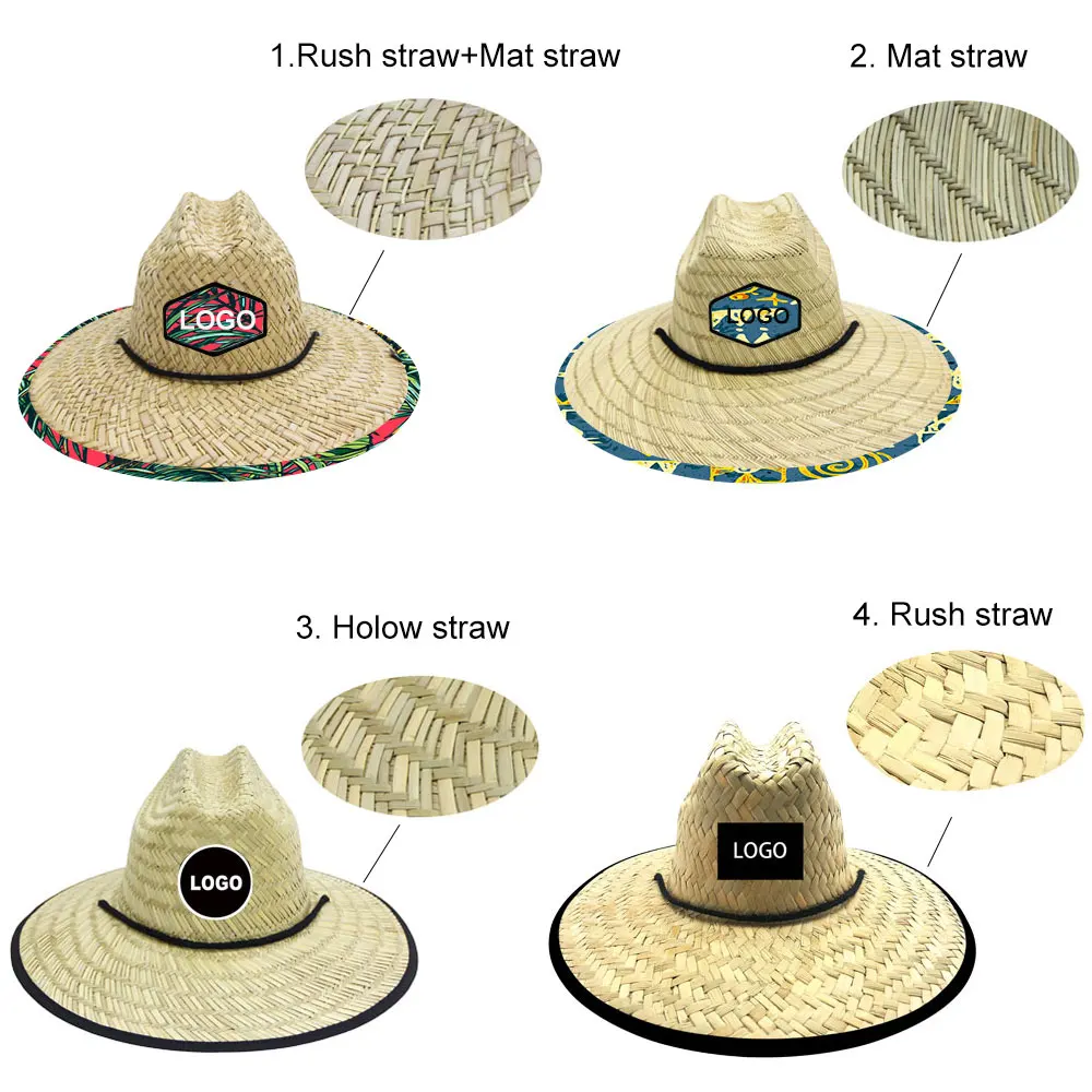 custom handmade wide brim color fishing straw hat mat grass lifeguard straw hat with logo