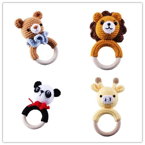 New Large Size  Baby Funny Rattle Toy  Kids  Hand animals Bunny  Lion Panda Bear Rattle Wear-resisting Cotton Wooden Rattle Toy