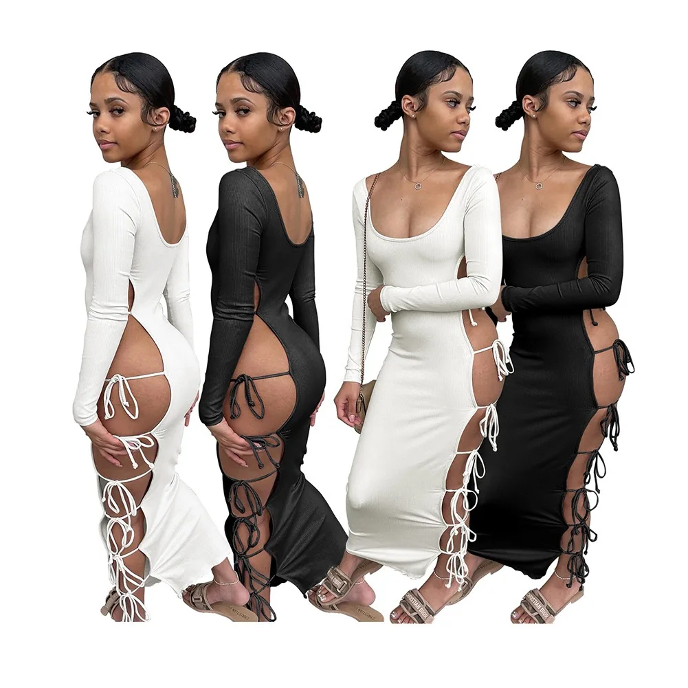 BOBOYU sexy streetwear long sleeve hollow out dress women side lace up bodycon maxi dress party club 2022 fall clothes