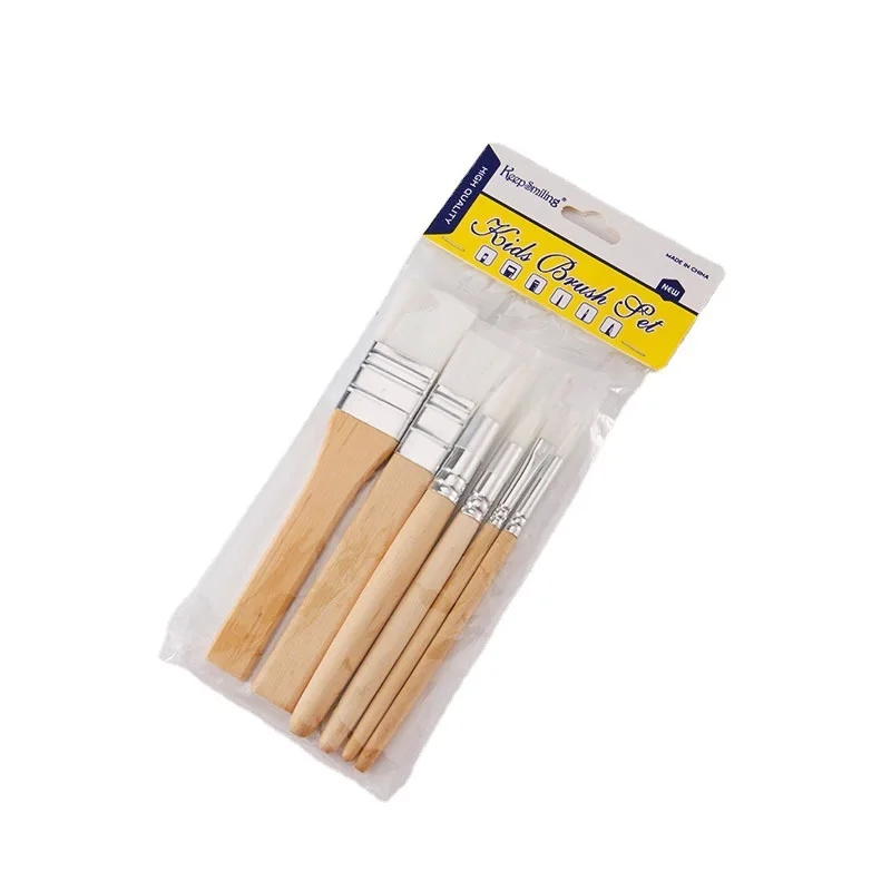 Wholesale of 6 original wooden short pole combination brushes set with watercolor acrylic paint for direct sales by manufacturer