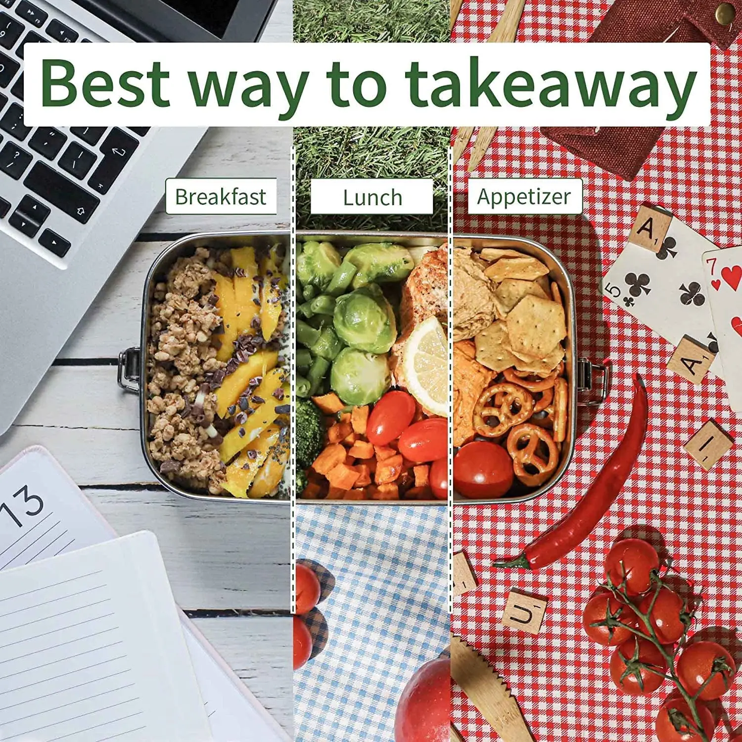 Chinese Wholesale  High Quality Lunch Box Stainless Steel With Bamboo Lids Can Adjustable Compartment Metal Lunch Box