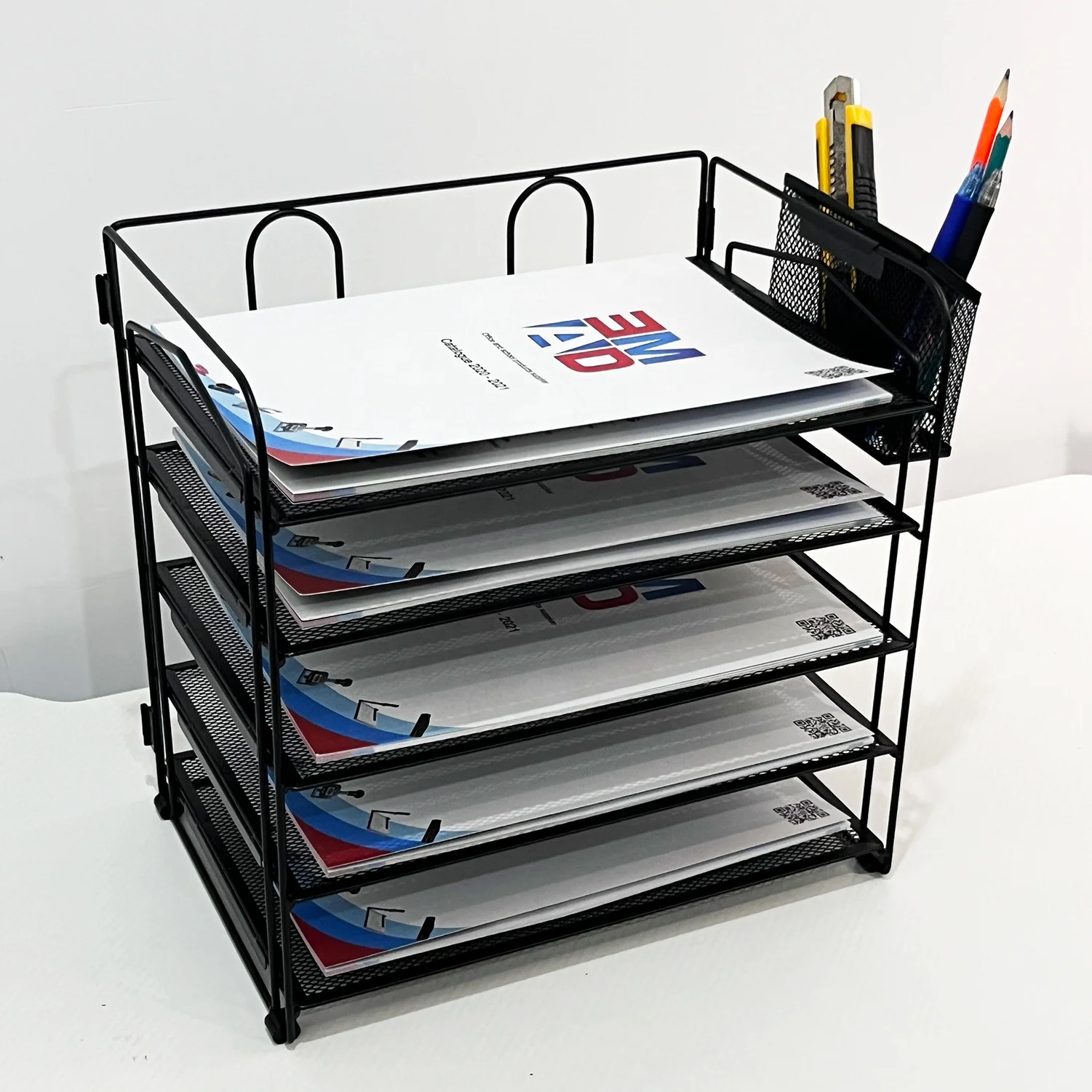 Black fancy 5-trays desktop magazine holder rack stationery office paper document holder organizer for desk file storage trays